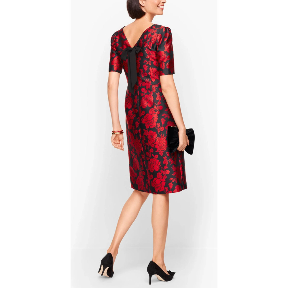 NWT Talbots Back Bow Floral Jacquard A-Line Dress Red Black Lined Zip Size 14 - Picture 8 of 16